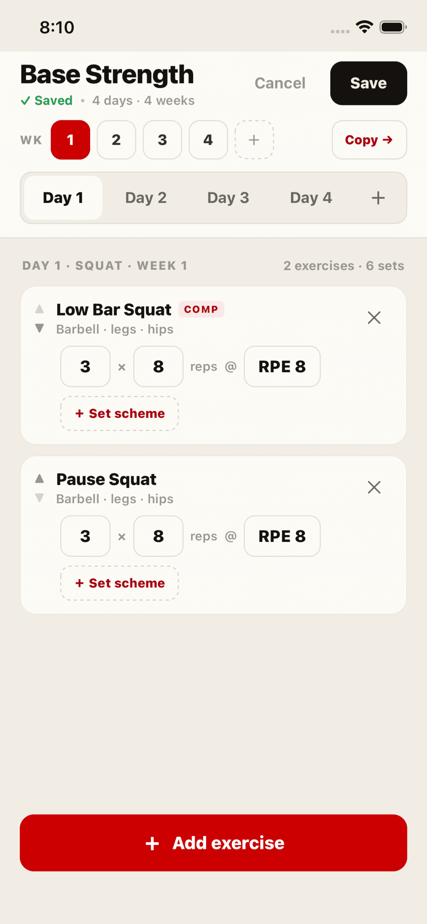 Block builder — weeks, days and set schemes